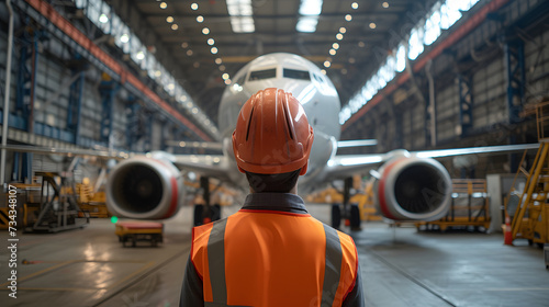 A man stands in front of a stationary airplane in a hangar, inspecting the aircraft photo