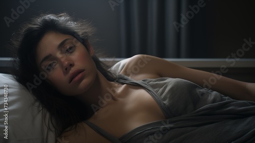 woman posing at bedside looking tired, in the style of unique framing and composition, zeen chin, matte photo, strong facial expression photo