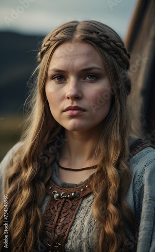 Pensive Young Woman with Braided Hair in Traditional Viking Attire