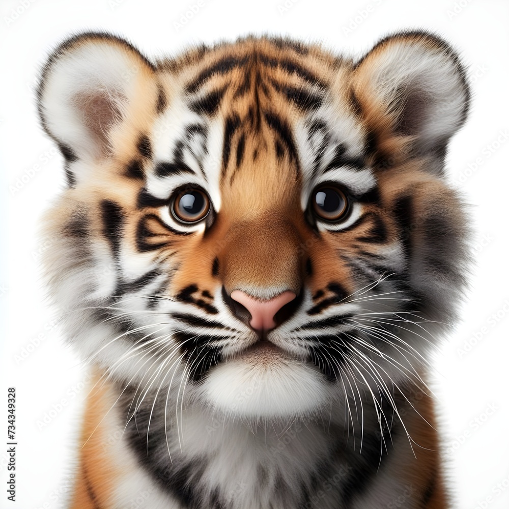 Obraz premium Portrait of a tiger facing the front of the camera, growling, direct eye contact, animal world, surrealism, sharp contrast, 8k photorealism. Generative AI