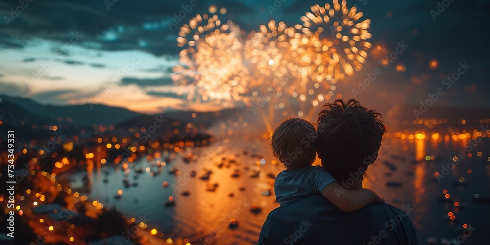 A dad with a child looks at fireworks in the night sky.