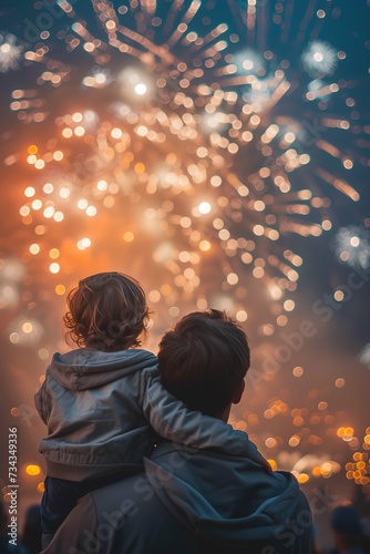 A dad with a child looks at fireworks in the night sky. © Vasiliy
