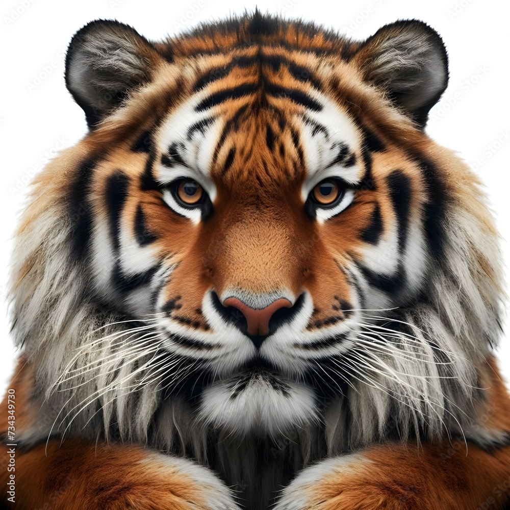 Portrait of a tiger facing the front of the camera, growling, direct eye contact, animal world, surrealism, sharp contrast, 8k photorealism. Generative AI