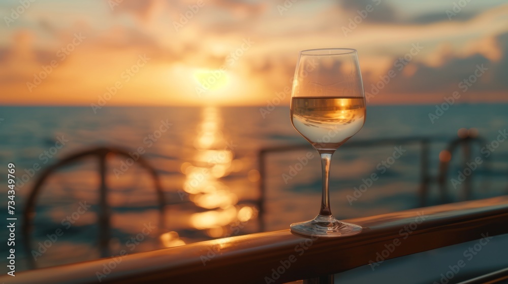 Wine glass on a yacht deck during a golden hour cruise, generative ai