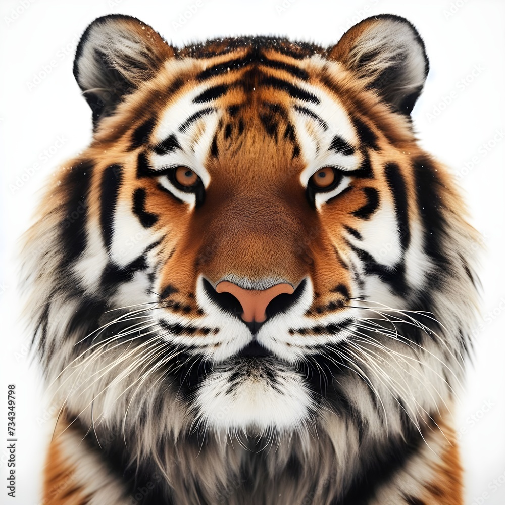 Fototapeta premium Portrait of a tiger facing the front of the camera, growling, direct eye contact, animal world, surrealism, sharp contrast, 8k photorealism. Generative AI