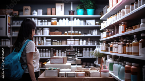 A woman with a backpack standing in front of shelves filled with products, AI