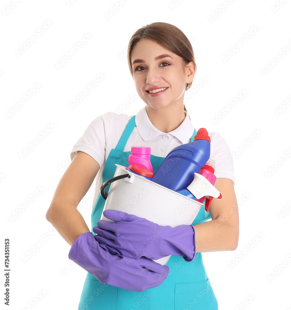 Female janitor with bucket of cleaning supplies on white background