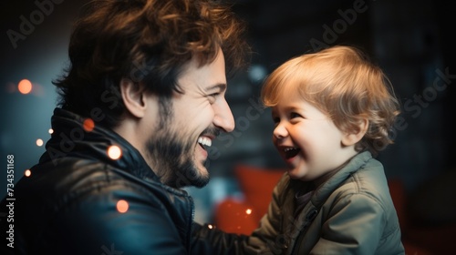 A man and a child smiling at each other in the dark, AI