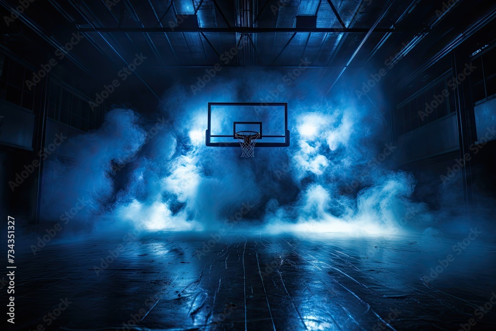 Fototapeta premium dark and dramatic high school basketball court, basketball hoop, blue smoke