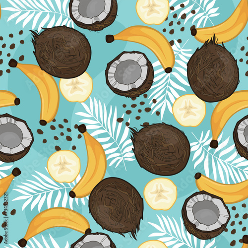 Banana coconut seamless pattern. Blue background perfect for wallpaper, food wrapping paper, fabric, background etc.