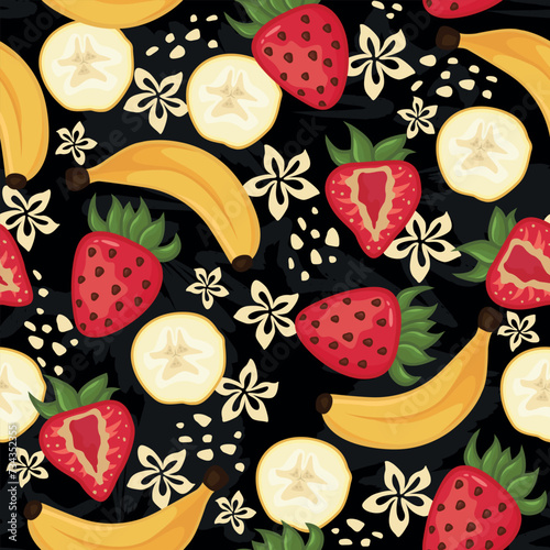 Banana strawberry seamless pattern. Black background perfect for wallpaper, food wrapping paper, fabric, background etc.