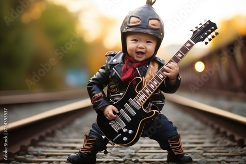 Photo a cute toddler playing guitar