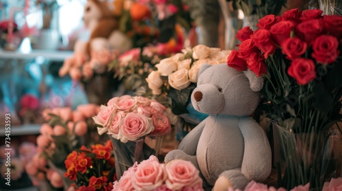 floral arrangements, with giant stuffed animals, generative ai