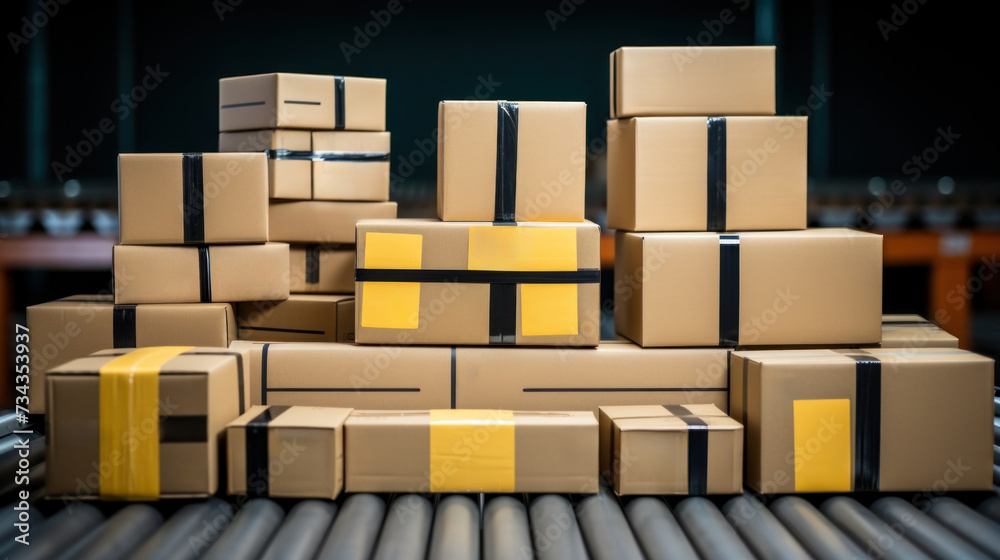 A bunch of boxes stacked on top of each other in a warehouse, AI A bunch of boxes stacked on top of each other in a warehouse, AI