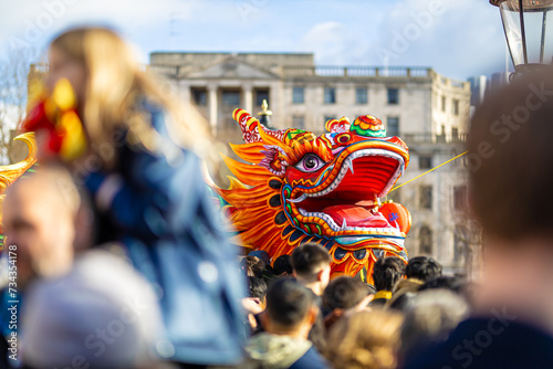 Dragon dance during Chinese lunar year celebrations in London, England