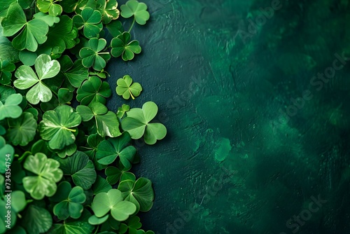 A cluster of vibrant green clover leaves against a dark green background