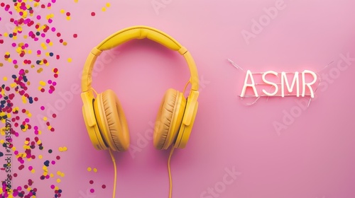 The word ASMR written on a pink background, surrounded by yellow headphones