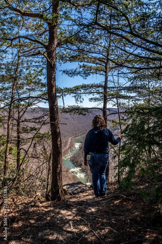 Woman Hiker Admiring Canyon River View Through Forest Trees at New River Gorge National Park