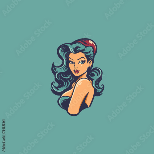 Pinup retro woman logo flat vector design