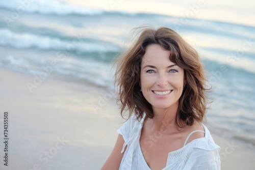 Smiling attractive beautiful caucasian mature woman posing at the beach looking at the camera