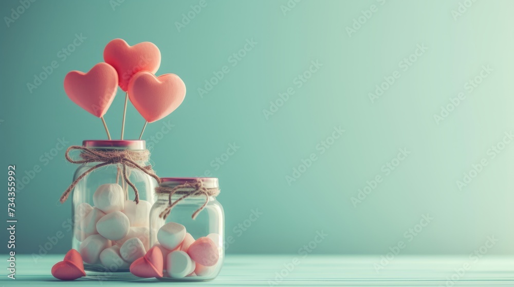 love concept with jars on a turquoise background, pastel toning generative ai