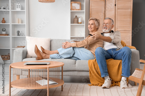Mature couple watching TV o...