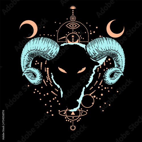 Konstfotografi T-shirt design of the head of a goat with horns and an abstract background