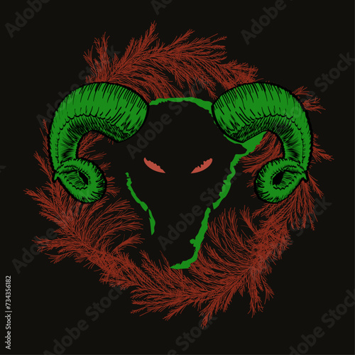 T-shirt design of a goat head with horns on red branches on a black background. satanic circle