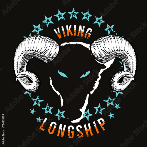 Viking longship. T-shirt design of the head of a goat surrounded by stars on a black background, photo