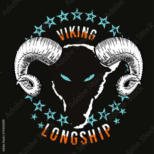Viking longship. T-shirt design of the head of a goat surrounded by stars on a black background,