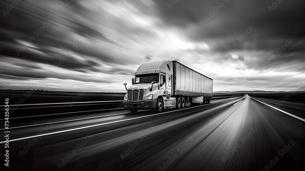 Truck Transportation logistics highlighted by a powerful black truck in city motion blur, representing rapid transit, metropolitan freight services, and streamlined truck transportation logistics. - obrazy, fototapety, plakaty 