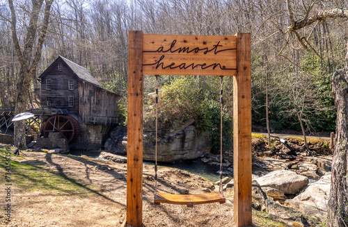 Glade Creek Grist Mill and Waterfall in West Virgina During a Sunny Spring Day