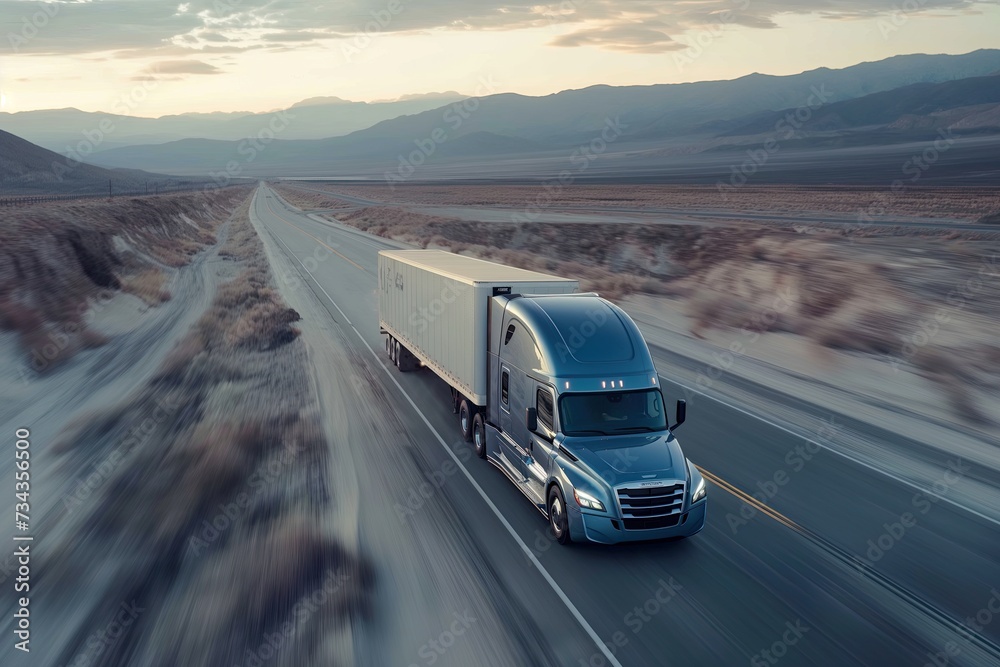 Truck Transportation logistics highlighted by a powerful black truck in city motion blur, representing rapid transit, metropolitan freight services, and streamlined truck transportation logistics. - obrazy, fototapety, plakaty 