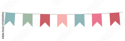 Cute pastel bunting garland. Pastel party flags with polka dot patterns on rope. Birthday celebration, wedding or anniversary. Isolated vector illustration clipart on white background for card, banner photo