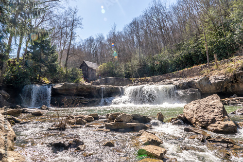 Glade Creek Grist Mill and Waterfall in West Virgina During a Sunny Spring Day