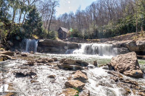 Glade Creek Grist Mill and Waterfall in West Virgina During a Sunny Spring Day