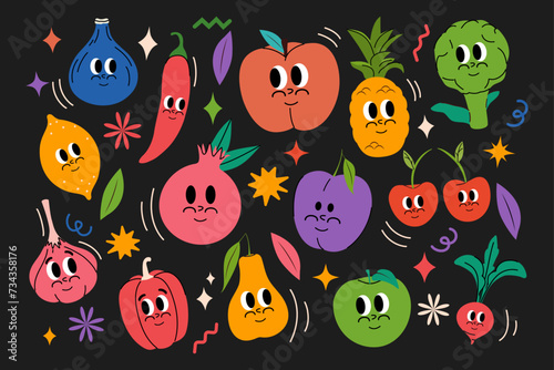 Set of fruits in modern and trendy groovy style. Comic face in funky style. Vector illustration. y2k pattern. Retro poster. Plum, raspberry, peach, apple, pear, lemon. Comic Character mascot. 70s.ы © Валерия Богданова