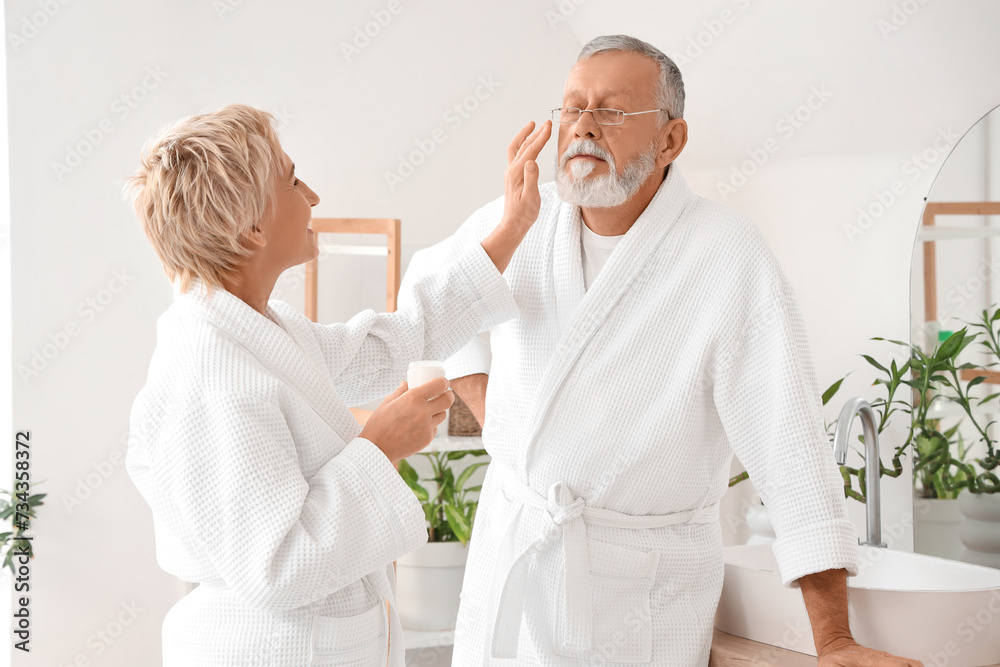 Fototapeta premium Mature couple applying facial cream in bathroom