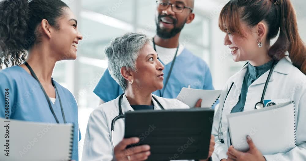 Discussion, scheduling and healthcare with tablets, hospital and technology using internet. Conversation, planning and nurses in agreement, notebooks and talking with mature, digital and online