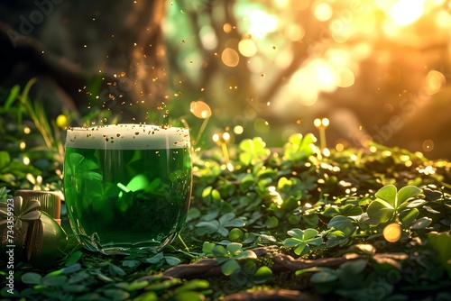 A glasse of St Patrick's Day green beer, surrounded by clover leaves against an outdoor green background