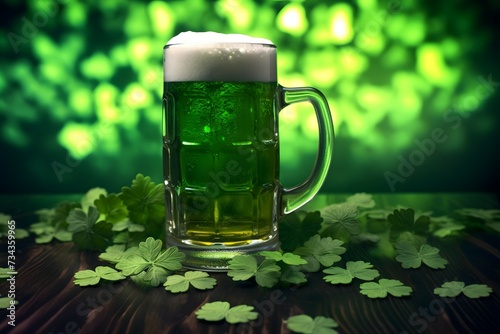 A glasse of St Patrick's Day green beer, surrounded by clover leaves against an outdoor green background