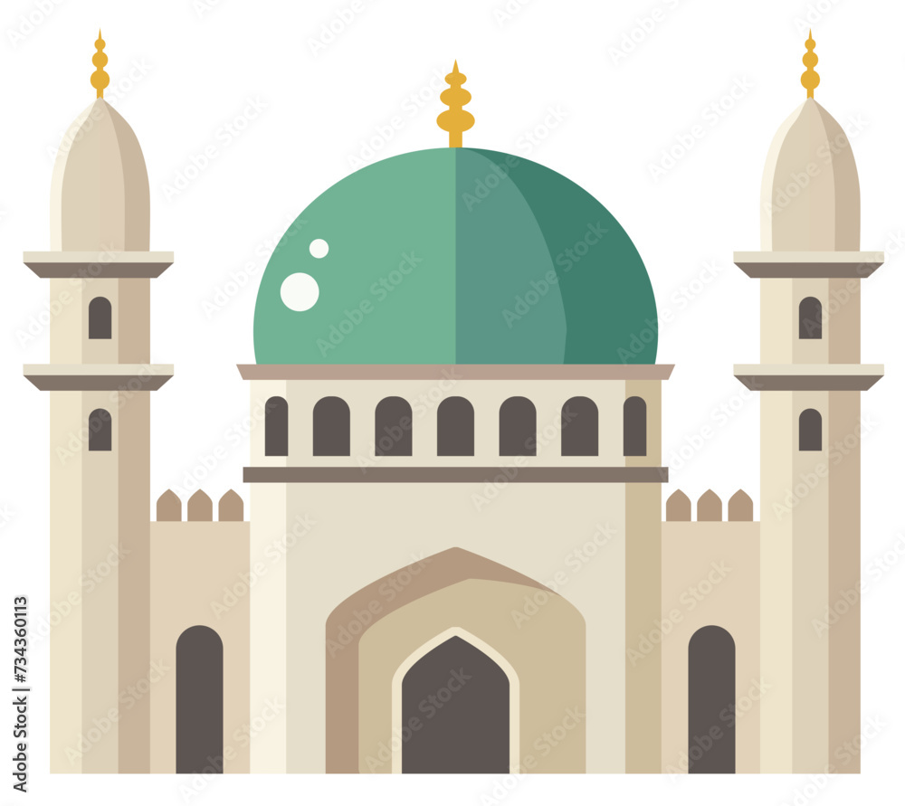 Muslim mosque with minaret towers. Architectural dome. Symbol of islam religion. Flat design  icon. Isolated vector illustration for holiday Ramadan, Eid al Adha or Eid ul Fitr. Arabic style