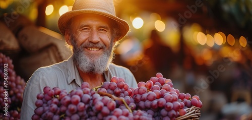 Cheerful bearded male farmer in glasses and hat smiling and inspecting bunch of fresh grapes