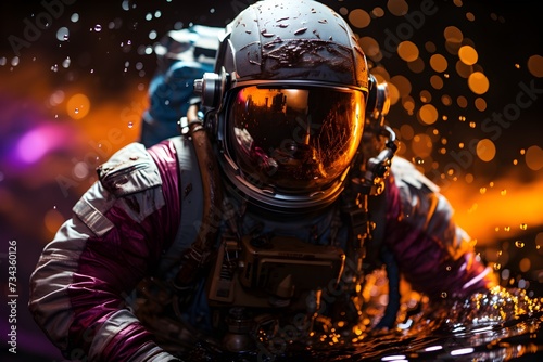 Astronaut in space with stars, a galaxy, a purple and blue nebula, and galaxies reflected in his helmet © VisualVanguard