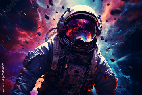 Astronaut in space with stars, a galaxy, a purple and blue nebula, and galaxies reflected in his helmet