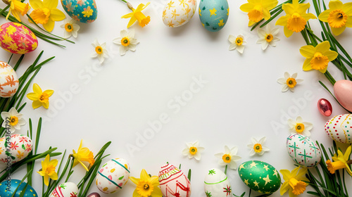 Colorful Spring: Colorful Easter Eggs and Narcissus Flowers with Blades of Grass Filigree, Creating a Frame on a White Background, Perfect Clipart for Creative Projects.