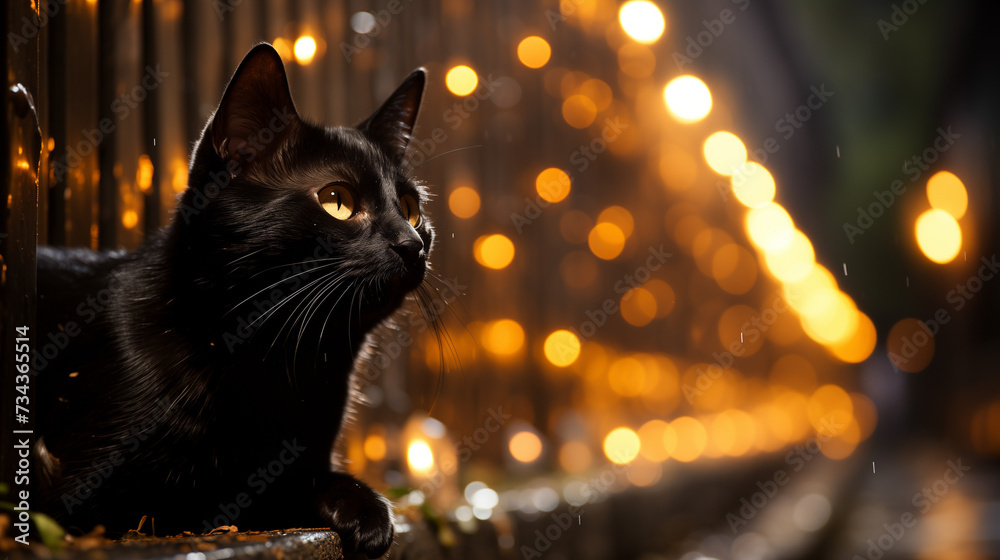 Un chat noir, perché sur un mur de briques, observe la rue animée en dessous, ses yeux brillants reflétant la lueur des lampadaires. - obrazy, fototapety, plakaty 