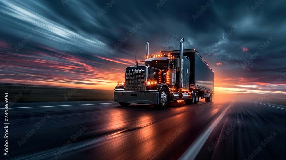 Transportation logistics at golden hour with semi-truck on highway, fast delivery, commercial freight, road travel, industry, sunset, dynamic. Transportation logistics at golden hour with semi-truck on highway, fast delivery, commercial freight, road travel, industry, sunset, dynamic.