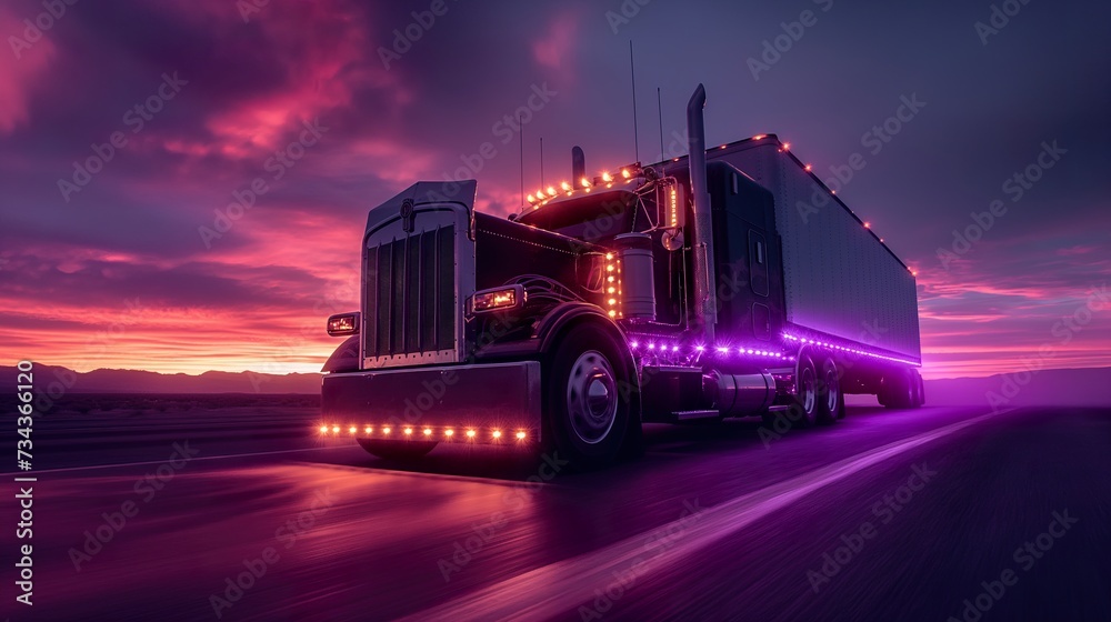  Truck Transportation logistics, this black freight truck on a fast city lane underscores the velocity of urban supply chains and the prowess of truck transportation logistics.