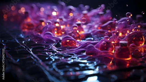 realistic photo of liquid metal spectral analysis, show molecules, dark colors with violet